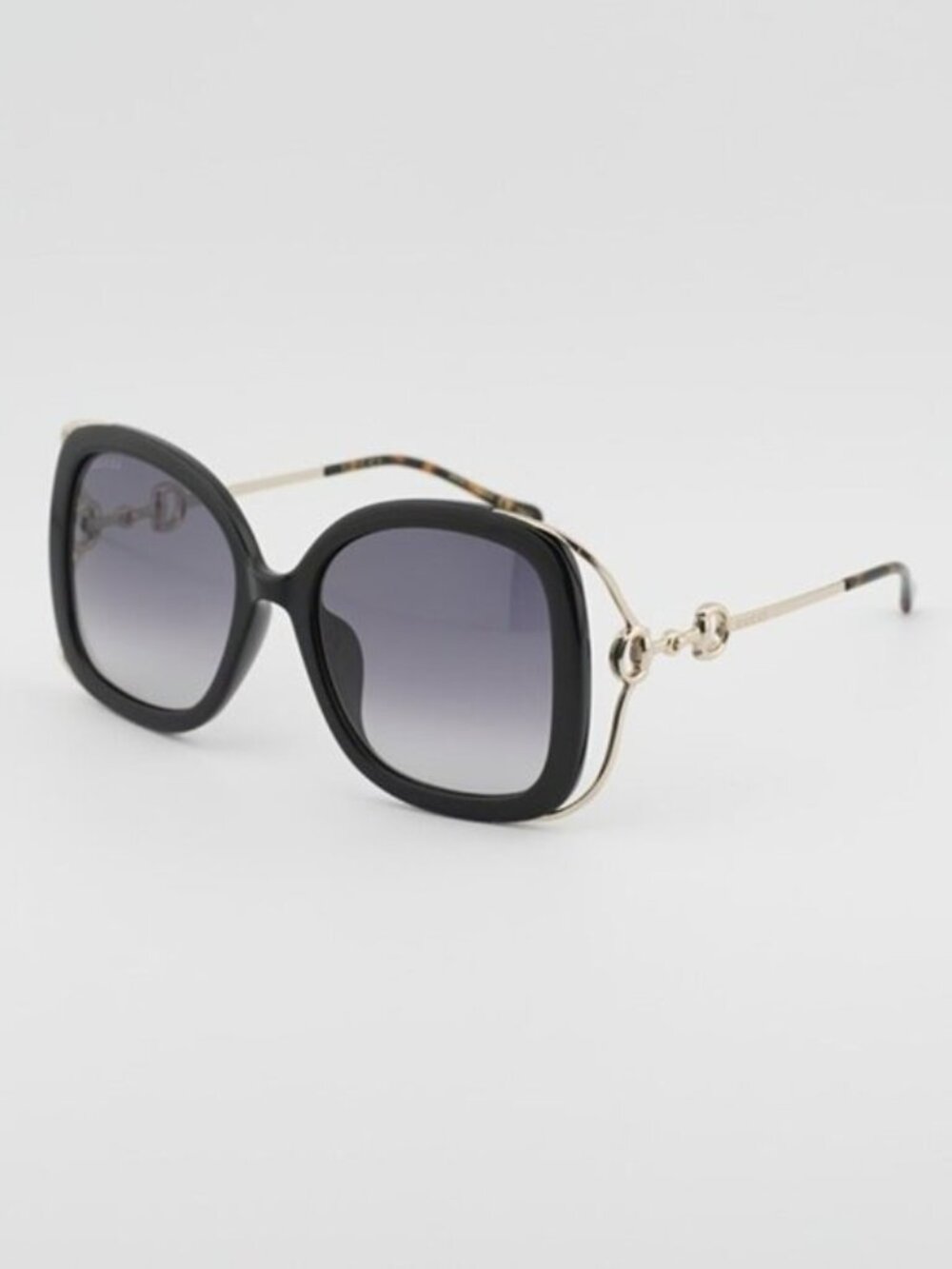 Gucci GG1021S 002 Sunglasses Black with Gold Square Frame, Grey Gradient Lenses